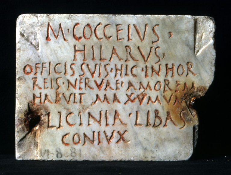 Tombstone inscription of Marcus Cocceius Hilarus, much loved by his peers