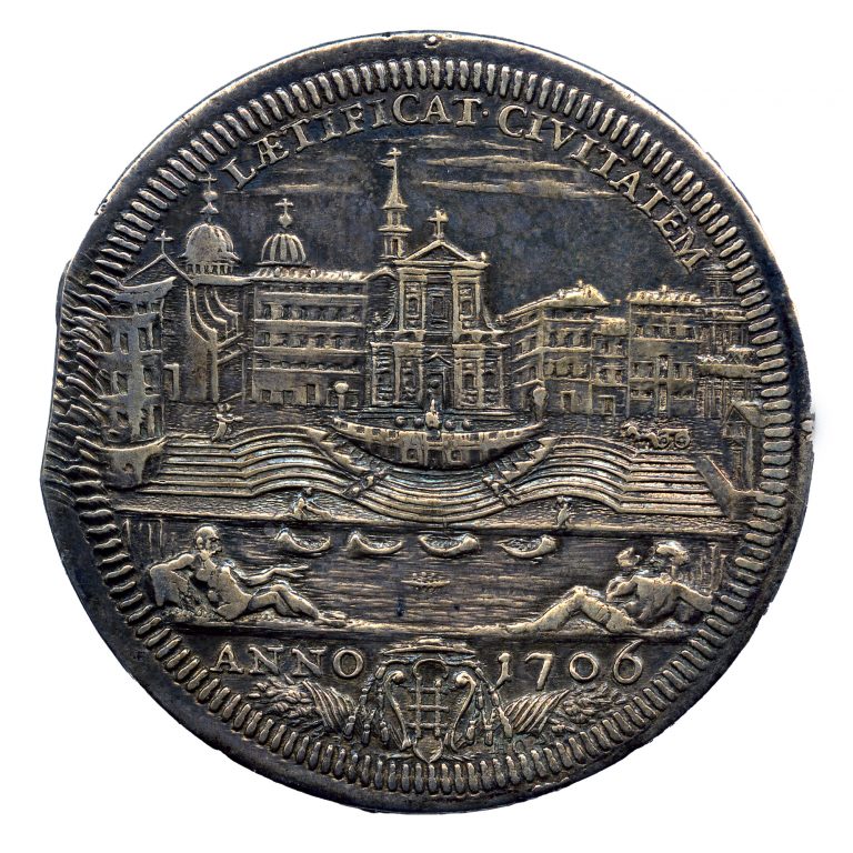 Papal States. Silver half piastra depicting the Port of Ripetta in Rome (reverse), 1706