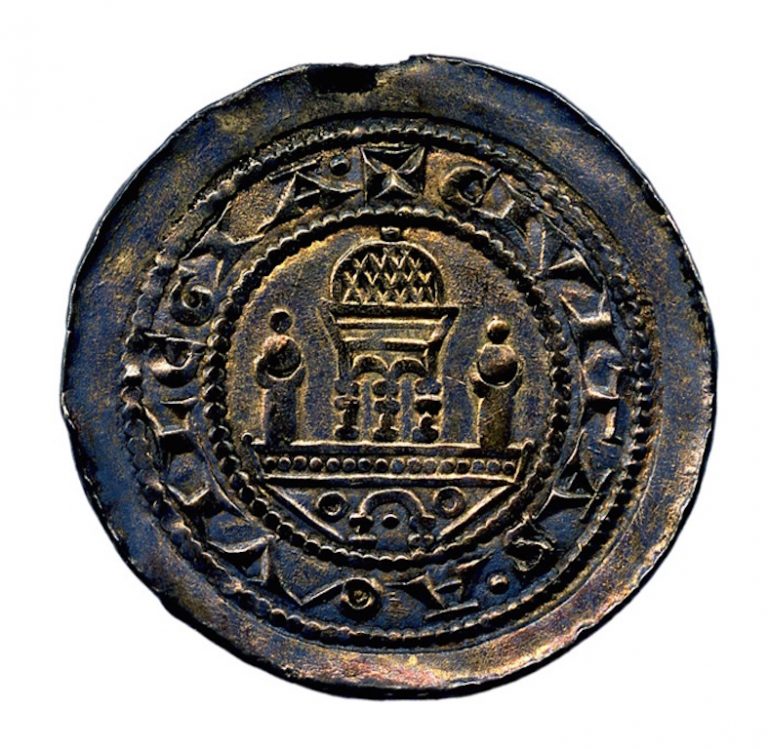 Patriarcato di Aquileia. Denaro in argento di Volchero di Erla con tempio (rovescio), 1204-ante 1212